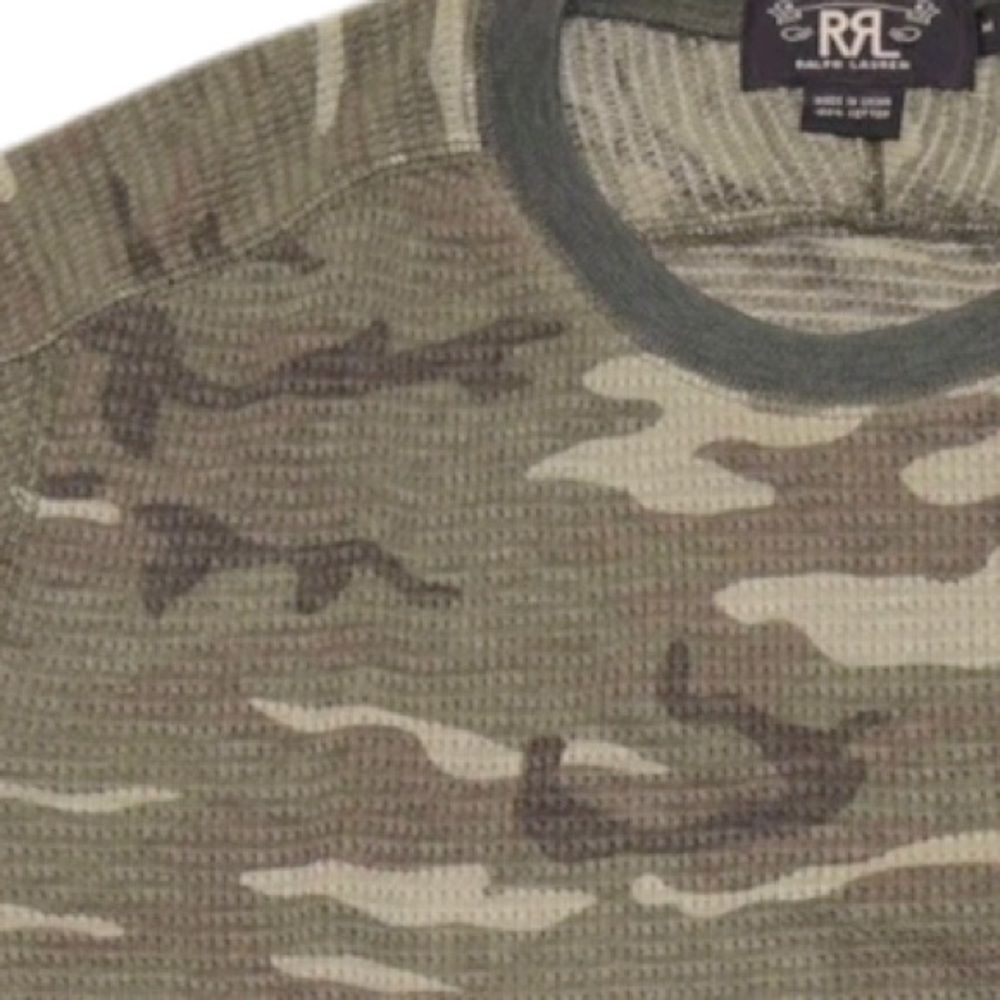 Ralph Lauren RRL Cotton Olive Camo Long Sleeve Thermal Waffle-Knit Tee Shirt - Picture 12 of 16